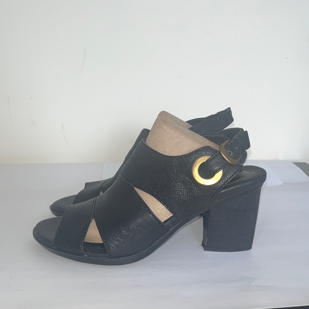 Black Leather Slingback Block Heel Sandals